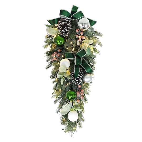 28" Pre-Lit Green & Silver Adorned Artificial Swag